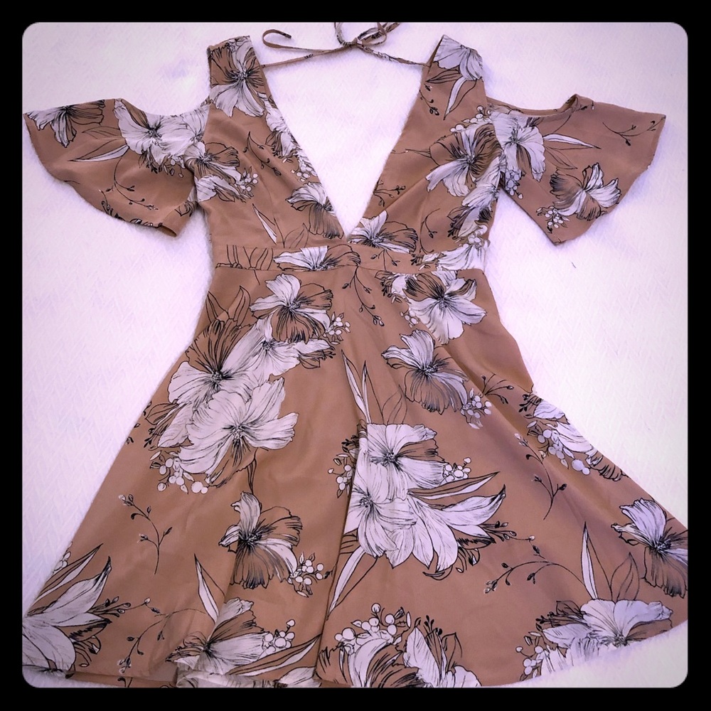 Blush, floral print, low-cut flare dress